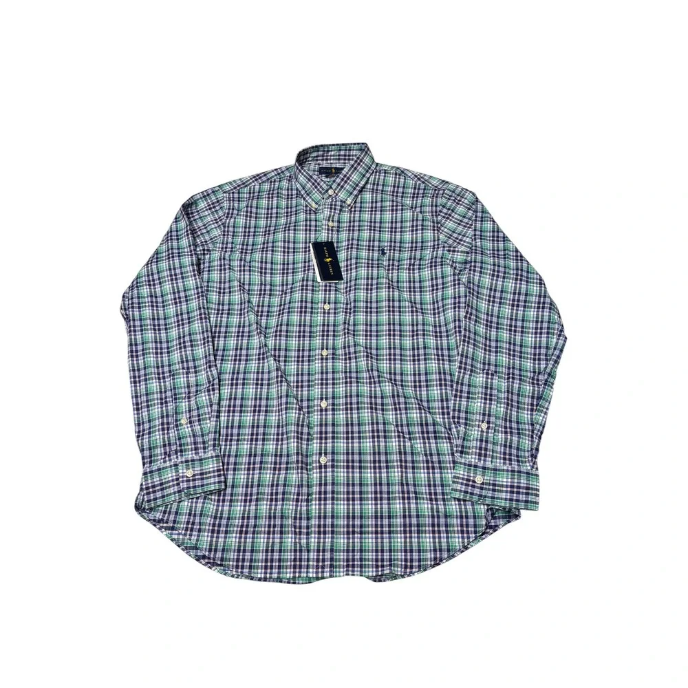 NWT Ralph Lauren Classic Fit Performance Shirt Mens Large Green Navy Plaid
